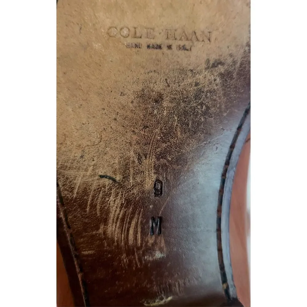 Cole Haan Tan Leather Kiltie Loafers with Gold Buckle Detail
